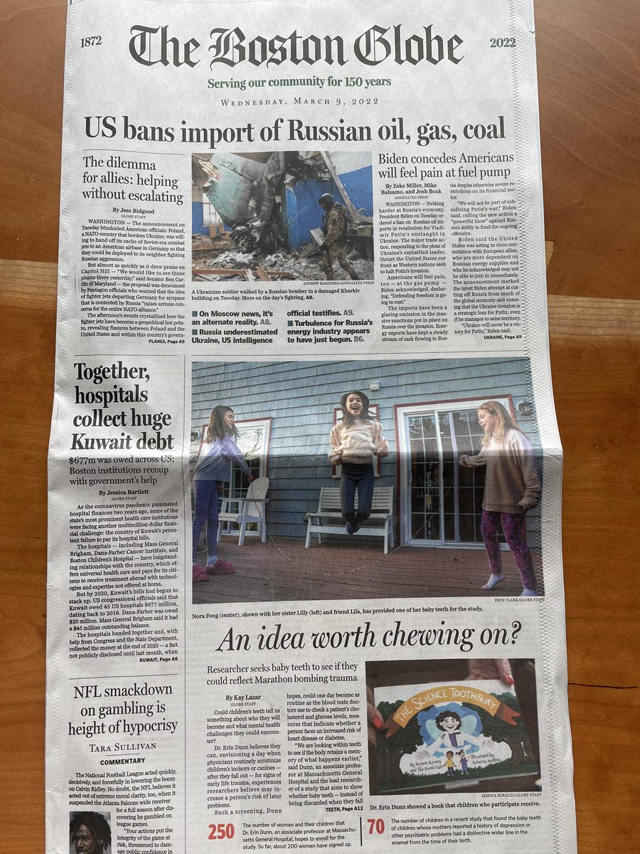 ErinDunnScD's tweet photo. So proud our work to study teeth as biomarkers of early life stress made it on the front page of today’s @BostonGlobe. Many thanks to @GlobeKayLazar for her reporting. #ScienceToothFairy https://t.co/mUhEZT1kcH