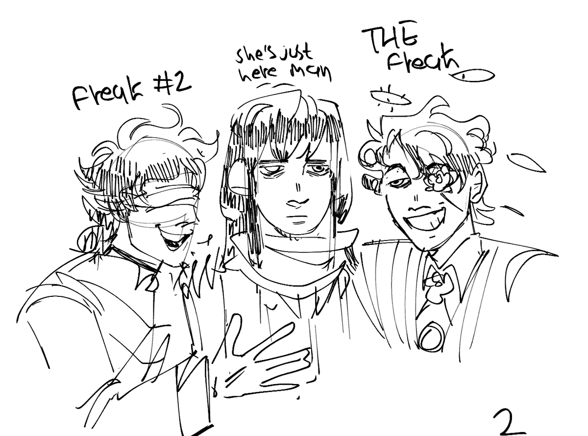 a song came on that reminded me of my old ocs so decided to scribble them. i've had them since middle school...

i like to call them the fish without eye trio (or fsh trio for short lol) they hunt evil gods for sport

#originalcharacter 