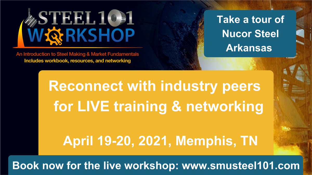 CRUconferences's tweet photo. PLACES STRICTLY LIMITED! The industry’s No. 1 training course for the steel industry returns to a live location! Reconnect with industry peers at @SMUSteel's Steel 101 Workshop LIVE in Memphis, TN, April 19-20. Book now: https://t.co/O5zLu8WlR6 #steel101 #smusteel #steeltraining https://t.co/5PWBkzcDQY