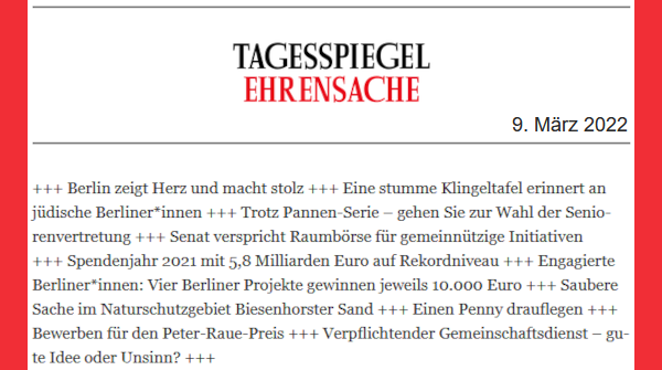 Freiwillig030's tweet photo. Was sich in den diversen #EngagementLandschaft(en) tut (27) | Auch 2022 immer zur Monatsmitte: Der Newsletter EHRENSACHE vom berliner @Tagesspiegel ➔ https://t.co/qsuEQDff5E

#WerteGemeinschaftSein  #LFA030nl via @TspLeute https://t.co/PAkgVpswd9