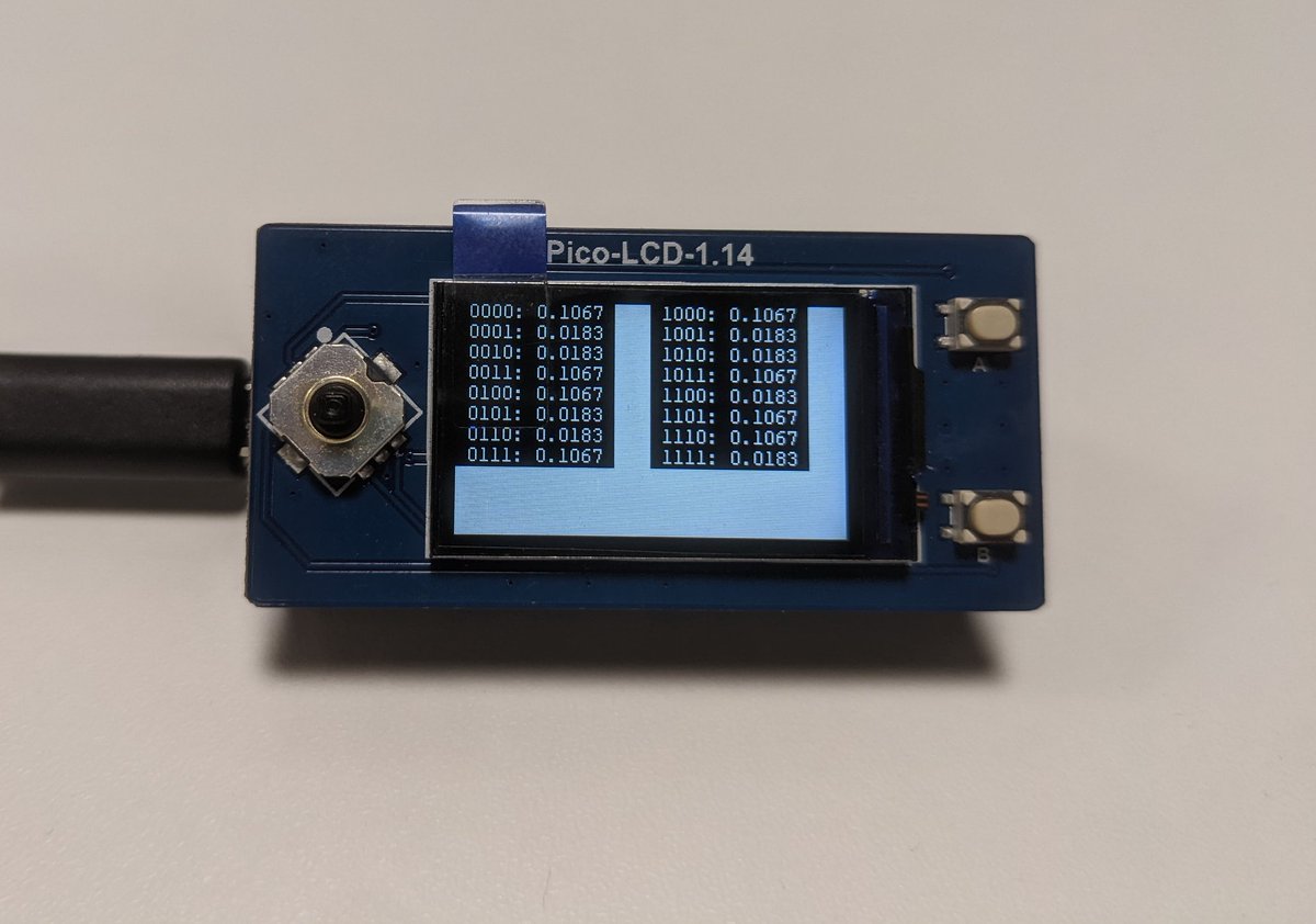 LargeCardinal's tweet photo. Well, given @dcuthbert is busy doing his hair, and with @quantum_village officially being ACCEPTED for @defcon this year (!!! πππ) we thought we would give a taster #nerdhour; A working quantum simulator prototype on a @Raspberry_Pi Pico (screen shield from Waveshare)... π§΅π https://t.co/MBPRLjhvLn