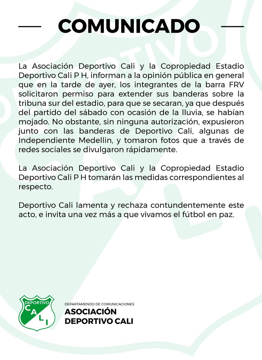 DeportivoCaliCP's tweet photo. 📃 [Comunicado] Deportivo Cali informa sobre el hecho ocurrido en nuestro estadio con la barra FRV. https://t.co/Fo5wFG40UQ