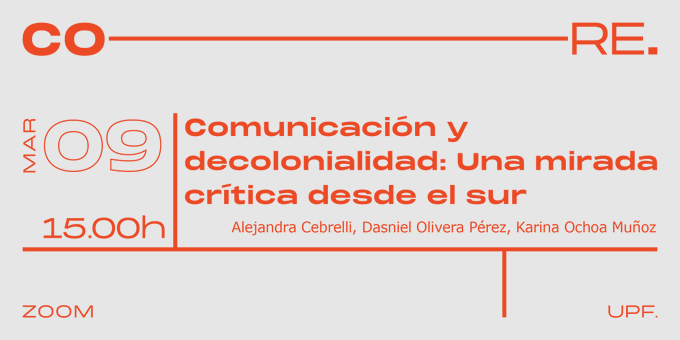 comunicacioUPF's tweet photo. Ya comenzamos la #UPFCORETalk "Comunicación y decolonialidad: una mirada crítica desde el sur", con Alejandra Cebrelli (ARG), Dasniel Olivera Pérez (CUB) y Karina Ochoa Muñoz (MEX).
#UPFCORE #UPFCommResearch
cc @CritiCC_UPF @cscolari @prisalvarez1104 @LauraAymerich @guersole https://t.co/Xo4FLmObBX
