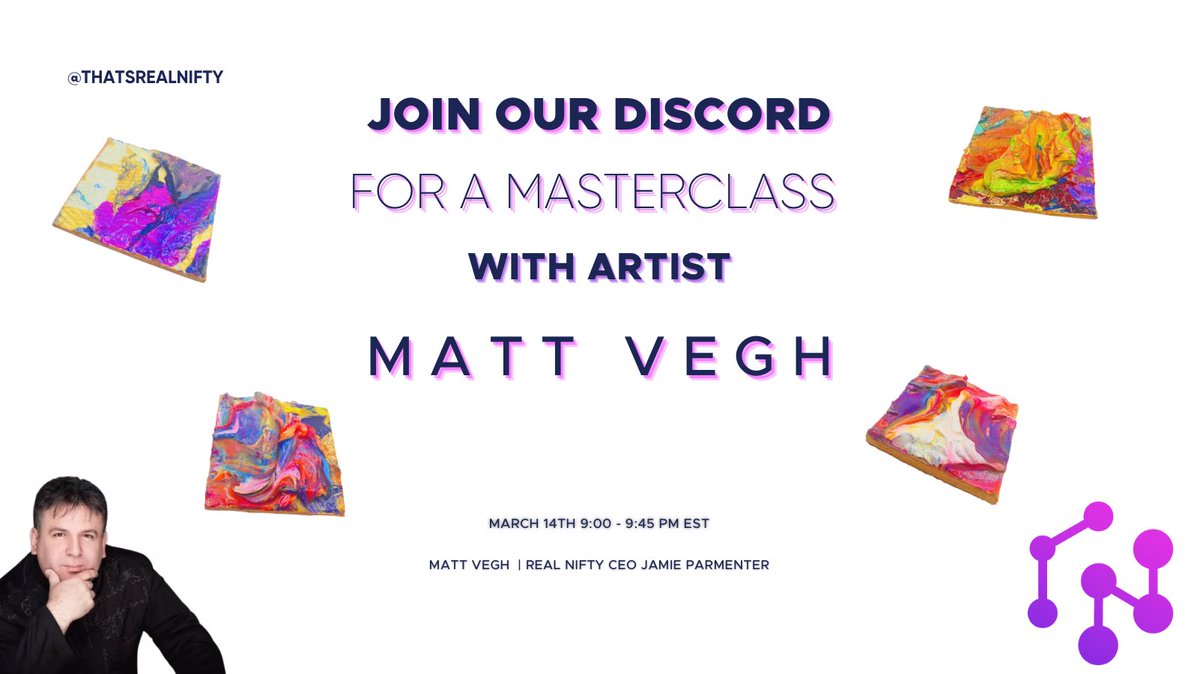 ThatsRealNifty's tweet photo. 🎉Join us in the Real Nifty Discord on March 14th for a live audio masterclass with Mosaic NFT artist, @mattveghartist.

We'll be talking to Matt about how he found himself part of the web3 revolution, the Mosaic NFT project, and more!

https://t.co/4nA1ucxFxQ https://t.co/Uxxv3o1a0h