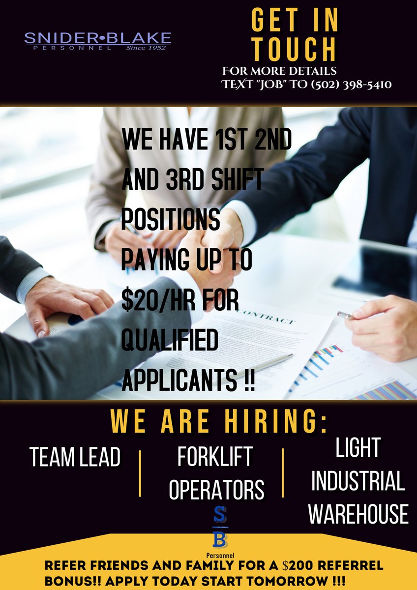 We have new positions in Jeffersonville, IN and in Shepherdsville paying up to $20/hr. Multiple positions are available. If you'd like to learn more please text "JOB" TO 502-398-5410
#WORK #JOB #JOBSEEKERS #employment  #SNIDERBLAKE