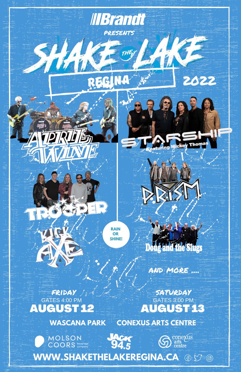 <a href="/shakethelakereg/">shakethelakeregina</a> returning August 12-13 with a killer line up - <a href="/AprilWineBand/">April Wine</a>, <a href="/Trooper/">Trooper</a>, Kick Axe, Starship, <a href="/Prismtheband/">Prism</a>, <a href="/DougSlugs/">DougAndTheSlugsOfficial</a> &amp; more! Purchase tickets March 11! Limited availability for Early Bird prices.
conexusartscentre.ca/shake-the-lake…
#yqr #seeyqr #yqrevents #shakethelake