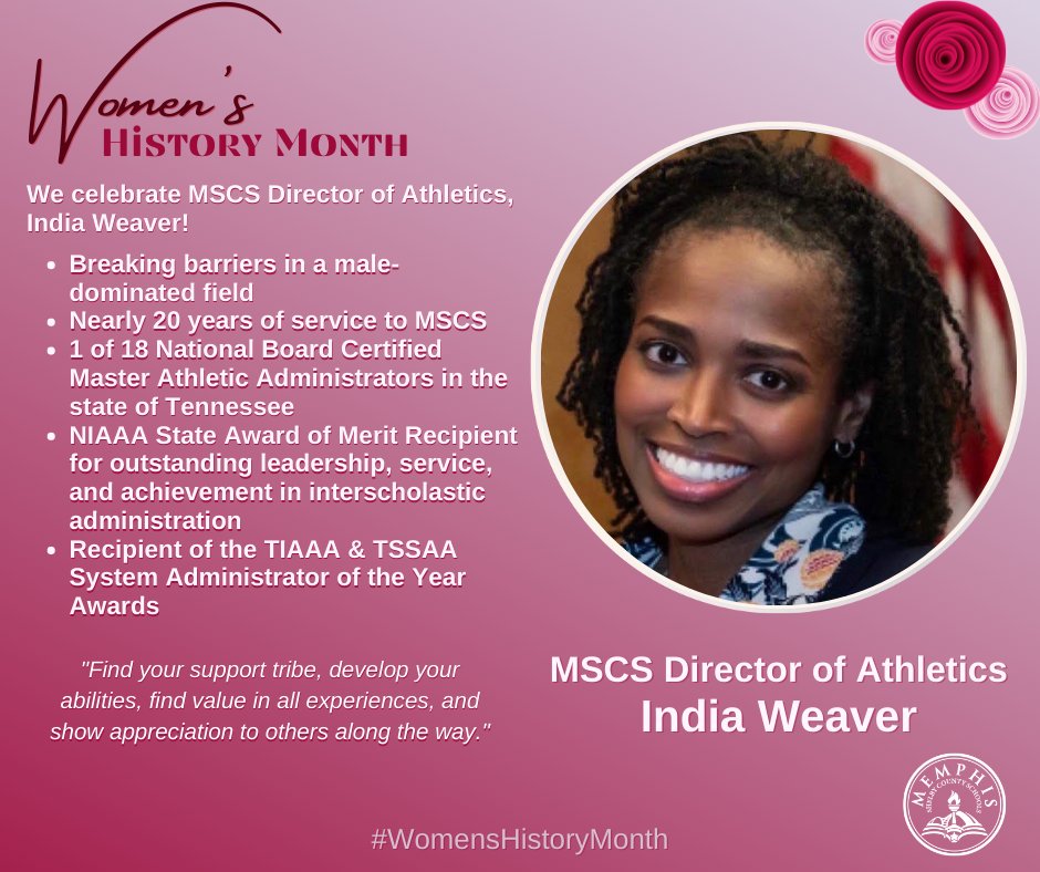 MSCSK12's tweet photo. Today we're recognizing MSCS Director of Athletics India Weaver for #WomensHistoryMonth ! 

She has been breaking barriers in a male-dominated field for nearly 20 years! Weaver encourages all women to be kind to themselves. 

Thank you for creating a better tomorrow, today! https://t.co/agfh61UxWo