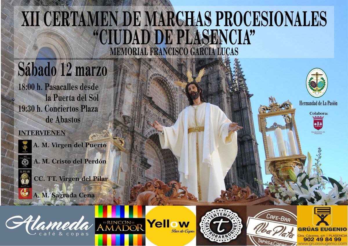 PasionPlasencia's tweet photo. XII CERTAMEN DE MARCHAS PROCESIONALES "CIUDAD DE PLASENCIA" "MEMORIAL FRANCISCO GARCIA LUCAS"

Entramos en la cuenta atrás de nuestro primer acto de Cuaresma, que será este próximo sábado 12 de Marzo.

Vive la Cuaresma con PASIÓN!!! https://t.co/jnOa1Kfr5m