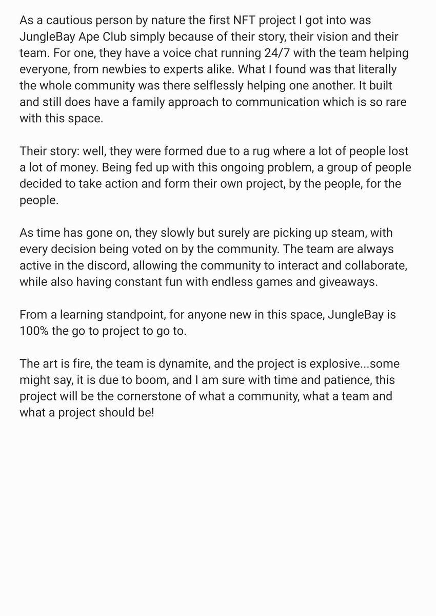 HairyHands (@hairy_hands_eth) on Twitter photo Official review of my first NFT project <a href="/JungleBayAC/">Jungle Bay Artists Collective</a>
#NFTProject #nft #NFTCommunity #cryptotraders #JungleBayApeClub Official review of my first NFT project <a href="/JungleBayAC/">Jungle Bay Artists Collective</a>
#NFTProject #nft #NFTCommunity #cryptotraders #JungleBayApeClub