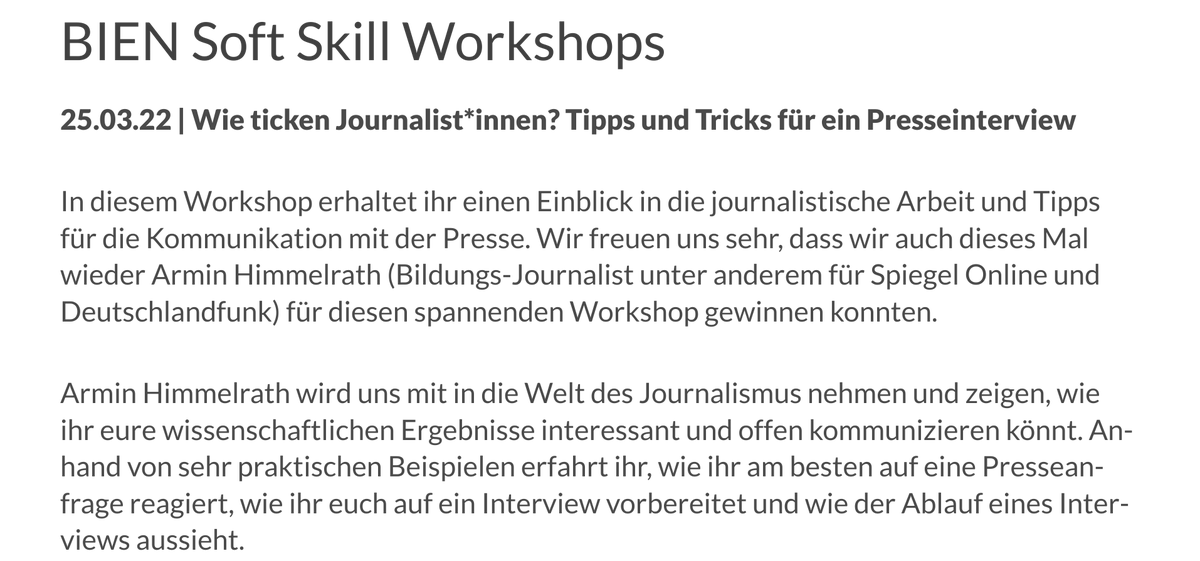 BienEdu's tweet photo. Die Anmeldung für unseren BIEN Soft Skill Presse-Workshop für Nachwuchsforscher*innen am 25.3. ist offen.

Wir freuen uns sehr, dass @AHimmelrath uns in diesem spannenden Workshop Tipps für Pressesinterviews gibt!

Alle Infos &amp; kostenlose Anmeldung hier: https://t.co/23aZc20Rhn https://t.co/eytDD6hYNe