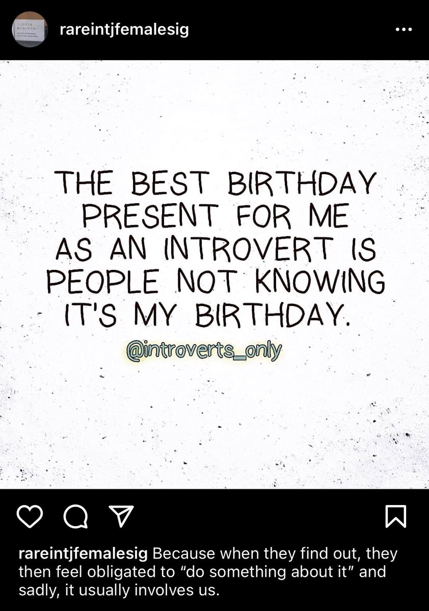 IntjRare's tweet photo. #mbti #mbtitypes #intjwoman #intjfemale #intj #intjmemes #unicorn #introvert #introverts  #rintjf #introvertproblems #sololife #introvertlife #toopeopley #leavemealone #selectivelysocial #noparty #solitude #nothanks #undertheradar #partyofone #nosuprises #nogifts #justcake https://t.co/F9pRbP7gTl