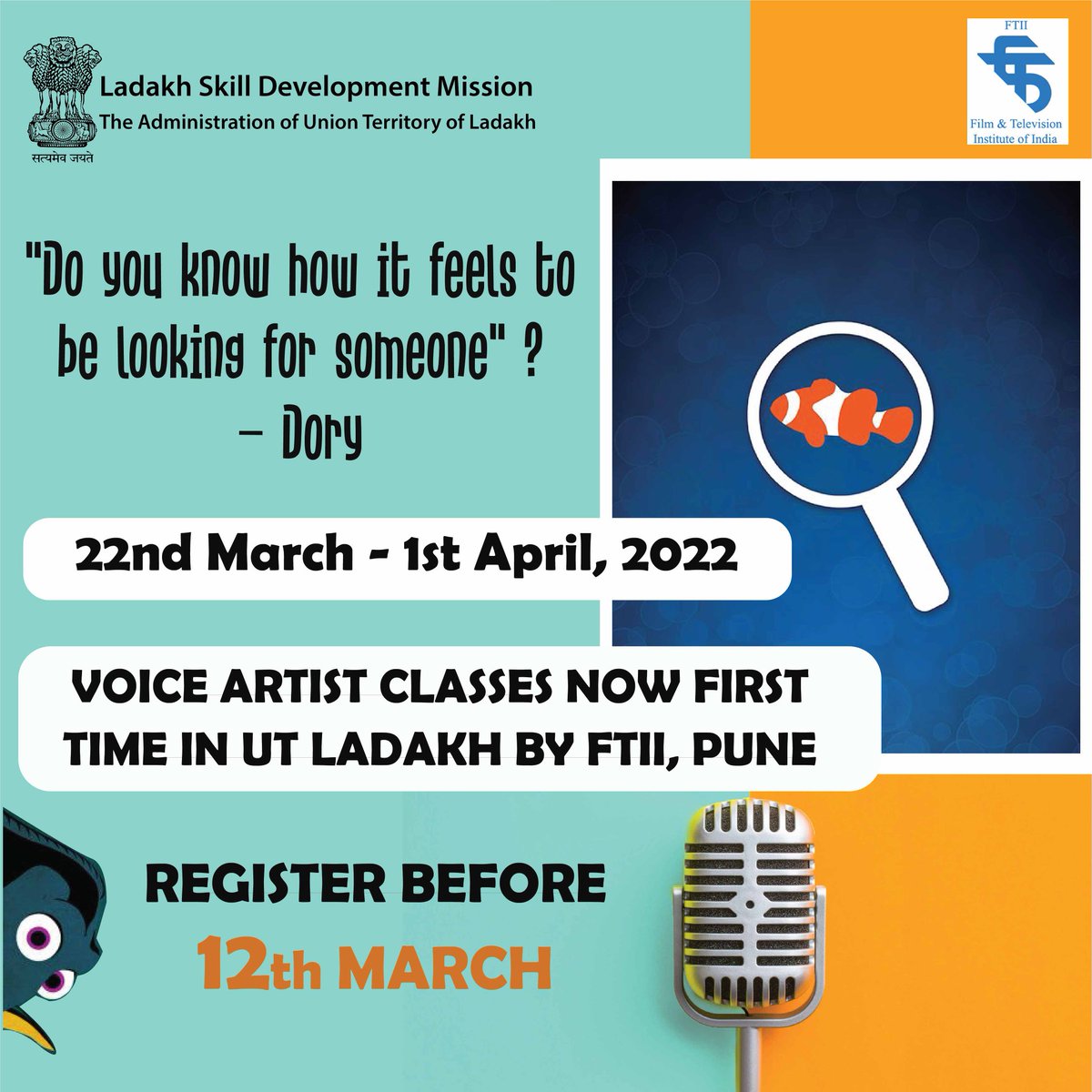LadakhSecretary's tweet photo. Register today for #voiceartist training by #LadakhSkillDevelopmentMission
& @FTIIOfficial. Only 30 seats!
Training to be held at studio of #AIR #Leh from 22nd March to 1st April.
Registration at
https://t.co/1jtCXTFGfh
@DIPR_Leh @DIPR_Kargil @ddnewsladakh @prasarbharti https://t.co/xQyU75IIwX