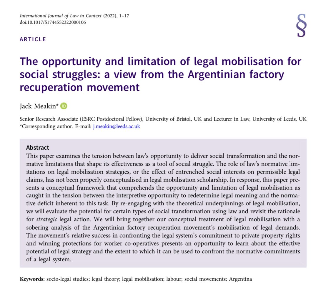 V excited to see my article on legal mobilisation and worker-recuperated factories published as FirstView and Open Access in the International Journal of Law in Context. cup.org/3sXJLZc