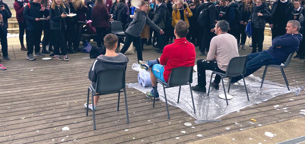 Well done to our Leadership team who completed part of their Unit 2 Activity today at lunch. “Pie the Teacher” was a great success, raising £100.66 for FDAMH. Also a massive thank you to <a href="/MissGouther/">Miss Gouther</a> <a href="/MrShortFHS_sci/">Mr Short, Science Teacher</a> <a href="/MrDoylesTweets/">Doyle Tweets Here</a> and <a href="/FHSModStuds/">FHS Modern Studies</a> (Mr Deans)! #WeareFHS