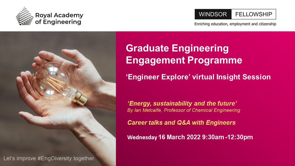 Windsor_Fellows's tweet photo. 'Engineering Explore' virtual Insight Session in March

Prof. Ian Metcalfe and engineers from @Ameyplc  @Johnson_Matthey  @bp_plc  @WSP_UK  will be joining us.  

About &amp; SIGN UP GEEP: https://t.co/6JCsDBwmRT

Let’s improve #EngDiversity together.
@RAEngNews @Windsor_Fellows https://t.co/hhyBwq0W6i