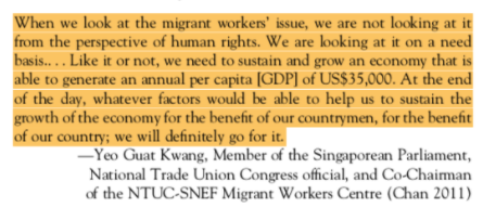 the Migrant Workers' Centre was set up in 2009, supposedly to champion "fair employment practices and the well-being of migrant workers." here's the MWC Chairman, telling you we need to sustain the economy on their backs: