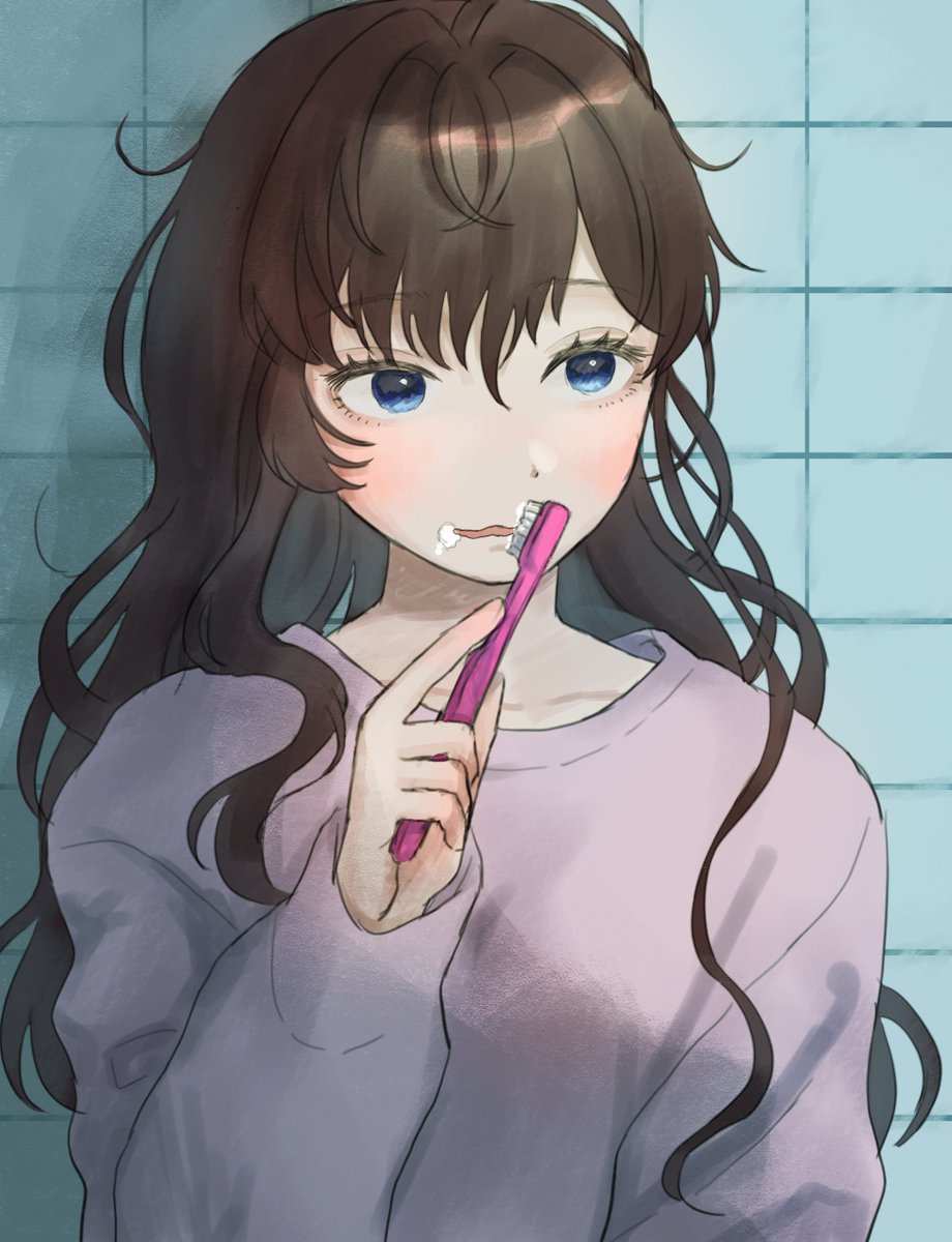 ichinose shiki 1girl solo blue eyes long hair toothbrush brown hair holding  illustration images
