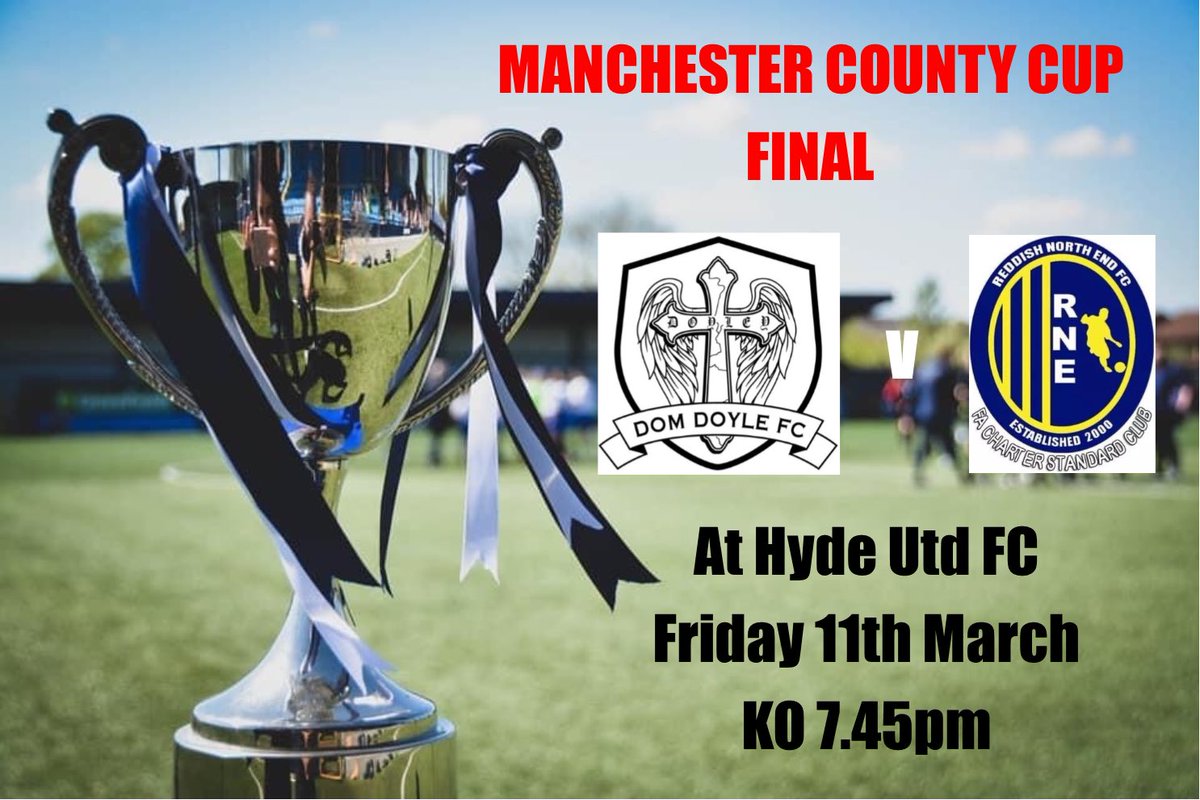 Massive game for us this Friday 
🏆 Manchester County Cup Final 🏆 
Dom Doyle Vets V Reddish North End Vets
See you all there 
Food &amp; Drink on sale 🍻