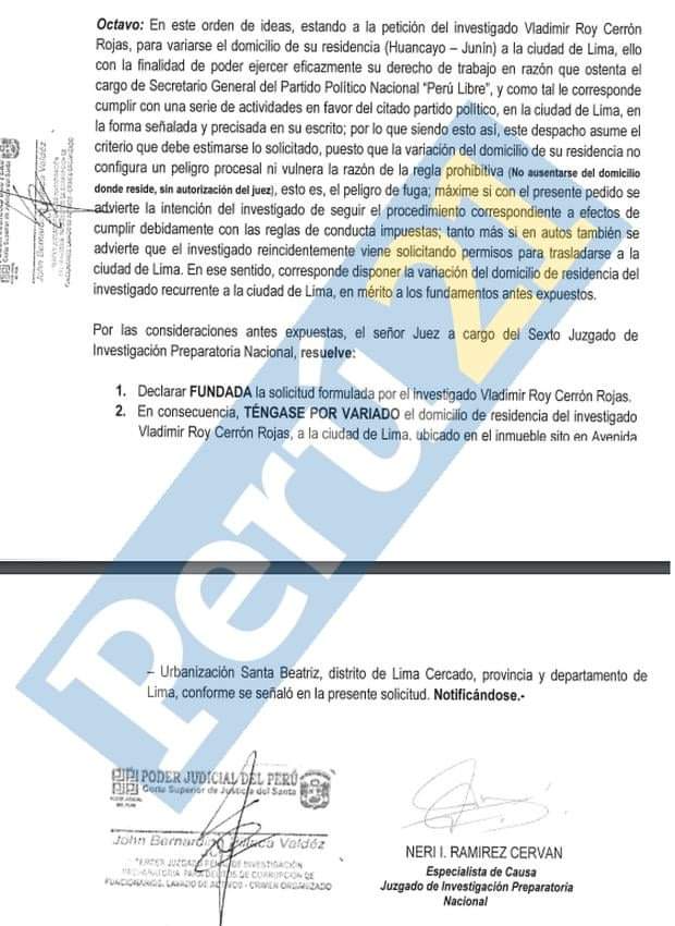 cesarcombina's tweet photo. CERRON VIENE A LIMA: Nuevamente un juez le da una mano a @VLADIMIR_CERRON y le permite cambiar de domicilio de Huancayo a Lima. El nuevo centro de operaciones de la mafia será Lima para dirigir ministerios y a sus candidatos topos en las elecciones municipales 2022. 
#Impunidad https://t.co/RJ8MX8N1Lc