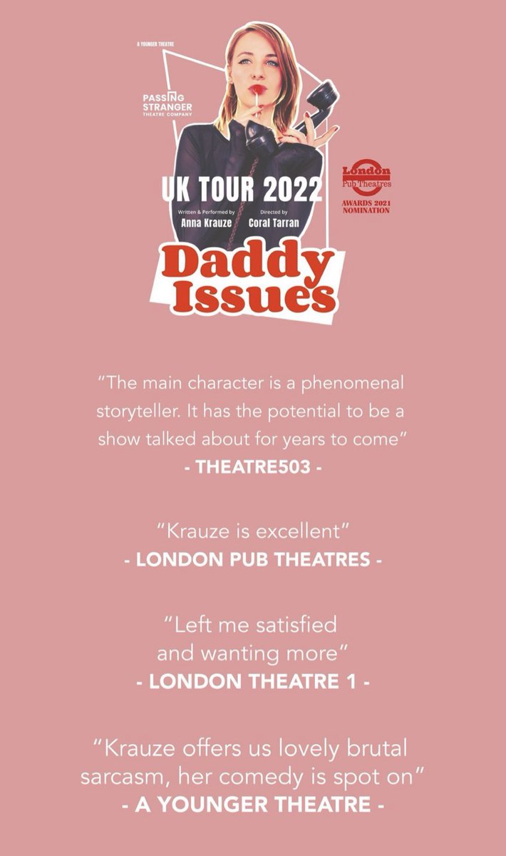 Come meet us on #DaddyIssuesTour
•  #Brighton @ElectricArcade_ this Saturday
• #Bristol @AlmaTavTheatre 15-16/3
• #Nottingham @wearenonsuch 26/3

Tickets: annakrauze.co.uk/buytickets #uktour #daddyissues #uktheatre #polishtheatre #actorslife #touringlife