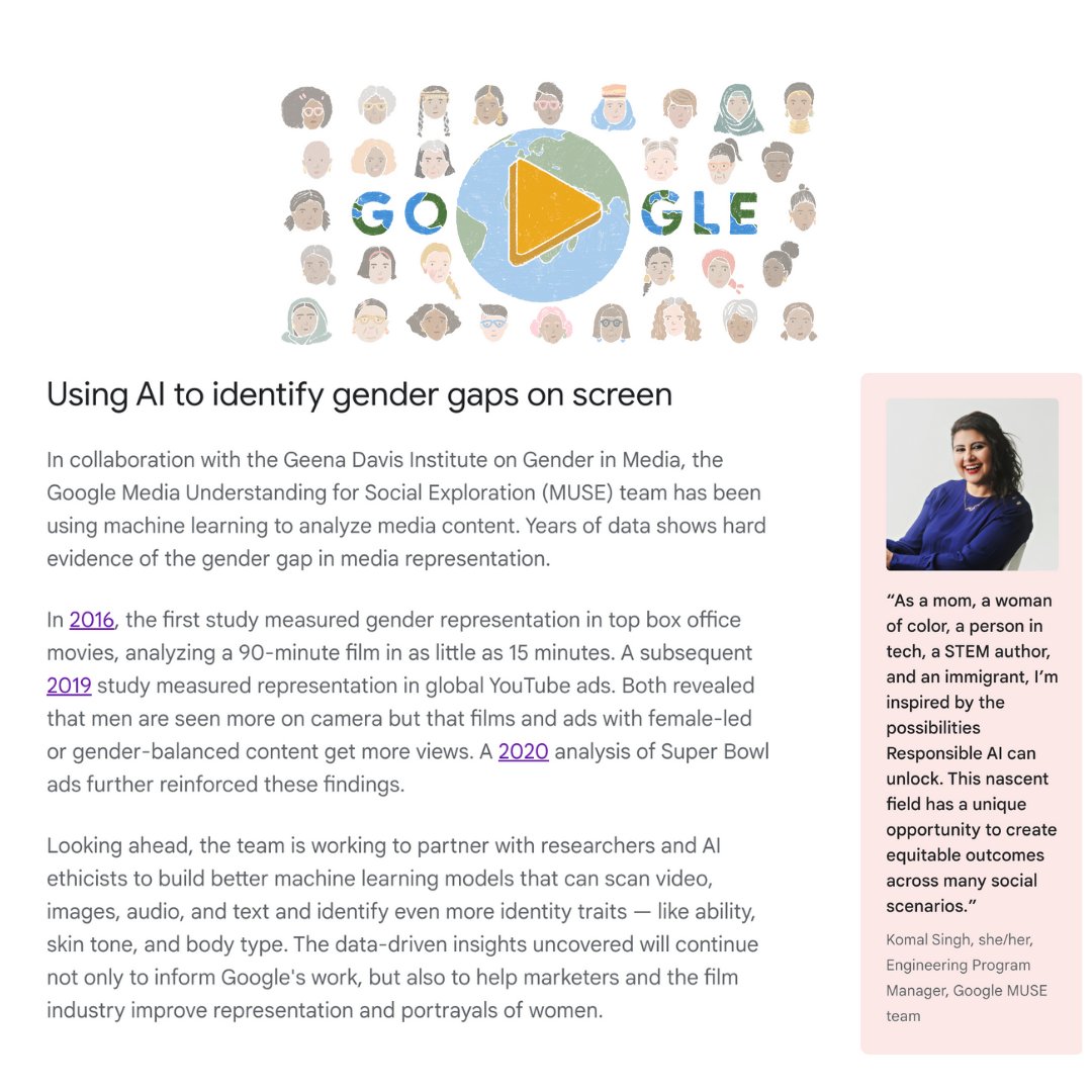 This #IWD, excited to share my team's work in <a href="/GoogleAI/">Google AI</a> on developing/applying ML to study representation in media. 

Read more about the cool stuff we've been building and the socio-technical insights we've been unearthing with <a href="/GeenaDavisOrg/">Geena Davis Institute</a>: about.google/stories/accele…