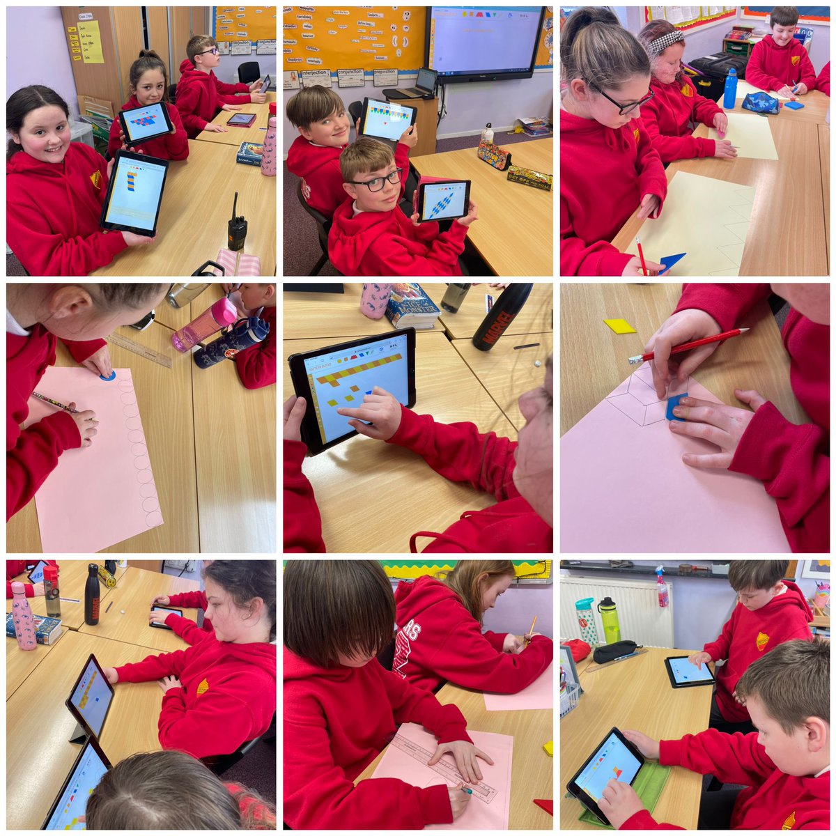 glencairn_ps's tweet photo. Today P7x and P7y learned how to tessellated using 2D shapes. We used the iPads and shapes to create our own patterns. #maths #coolmaths #mathsisfun https://t.co/27Tdp5iDf8