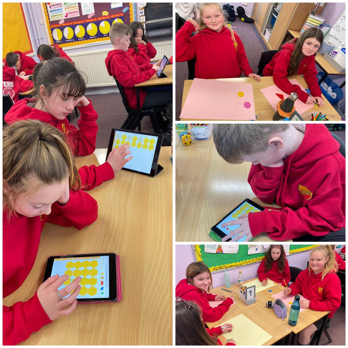 glencairn_ps's tweet photo. Today P7x and P7y learned how to tessellated using 2D shapes. We used the iPads and shapes to create our own patterns. #maths #coolmaths #mathsisfun https://t.co/27Tdp5iDf8