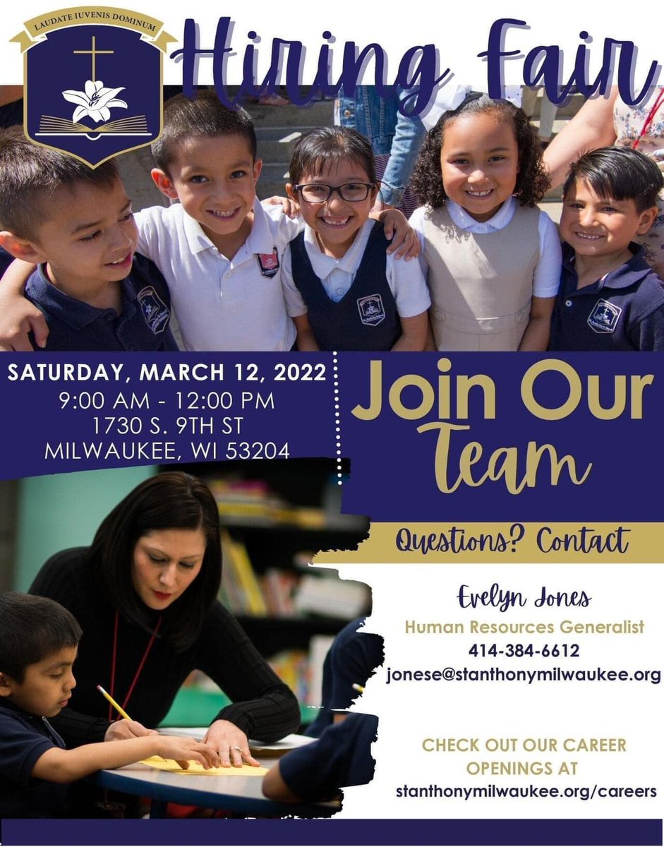 SASMilwaukee's tweet photo. Join us at our hiring fair! 

We are looking for passionate PreK-12 teachers, High School Counselor, Educational Assistants, Before and After School Care, and Food Service Department workers. https://t.co/RIwhnLLn2U