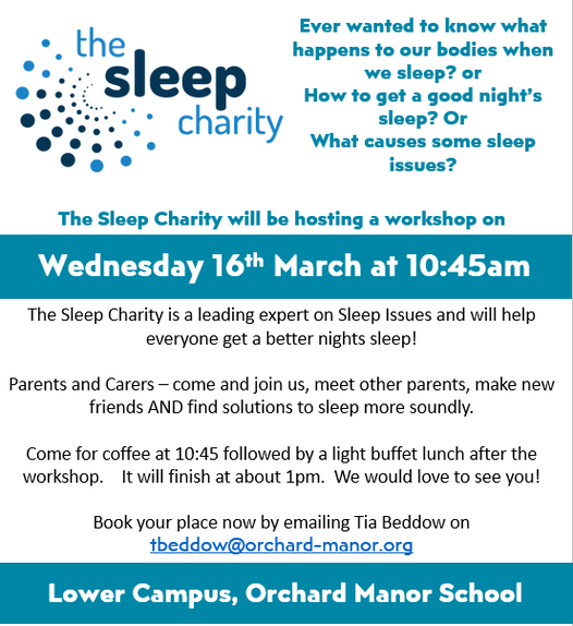 OrchardManorSch's tweet photo. We still have places - contact tbeddow@orchard-manor.org to book.  @TheSleepCharity #sleep #sleepwell #sleepworkshop # https://t.co/JE0Q99HZbY