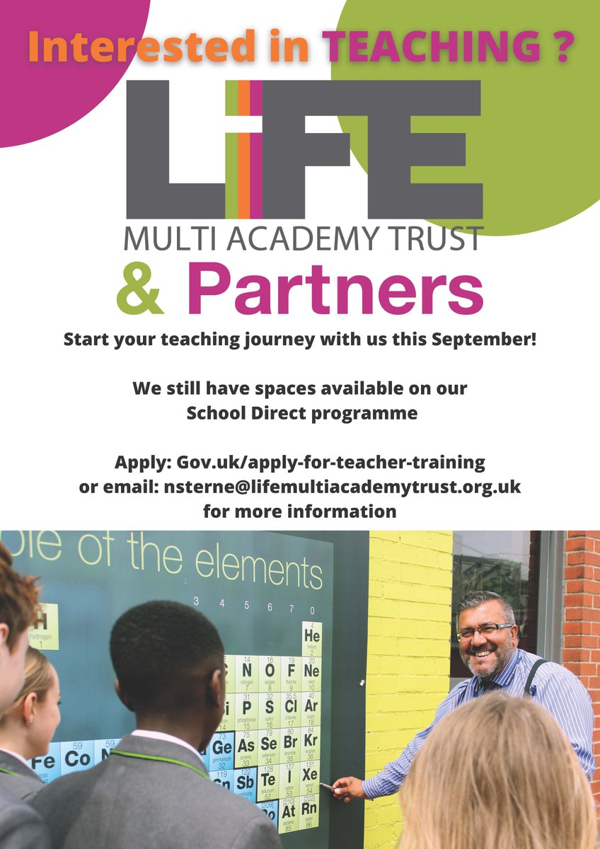 If you are thinking about teaching as a career find out more about training at one of our schools. LiFE MAT &amp; Partners are now on Twitter - @LiFEMatSD follow them for regular updates and information about forthcoming events #schoolsdirectprogramme