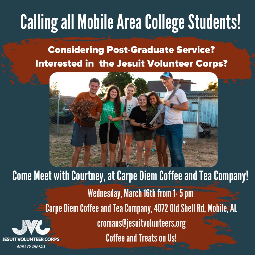 Considering post-graduate volunteer service? Visit with <a href="/JVCnation/">Jesuit Volunteer Corps</a>'s Courtney at Carpe Diem Coffee and Tea Company on Wed., March 16, anytime between 1 - 5 PM, to learn more about the Jesuit Volunteer Corps program.