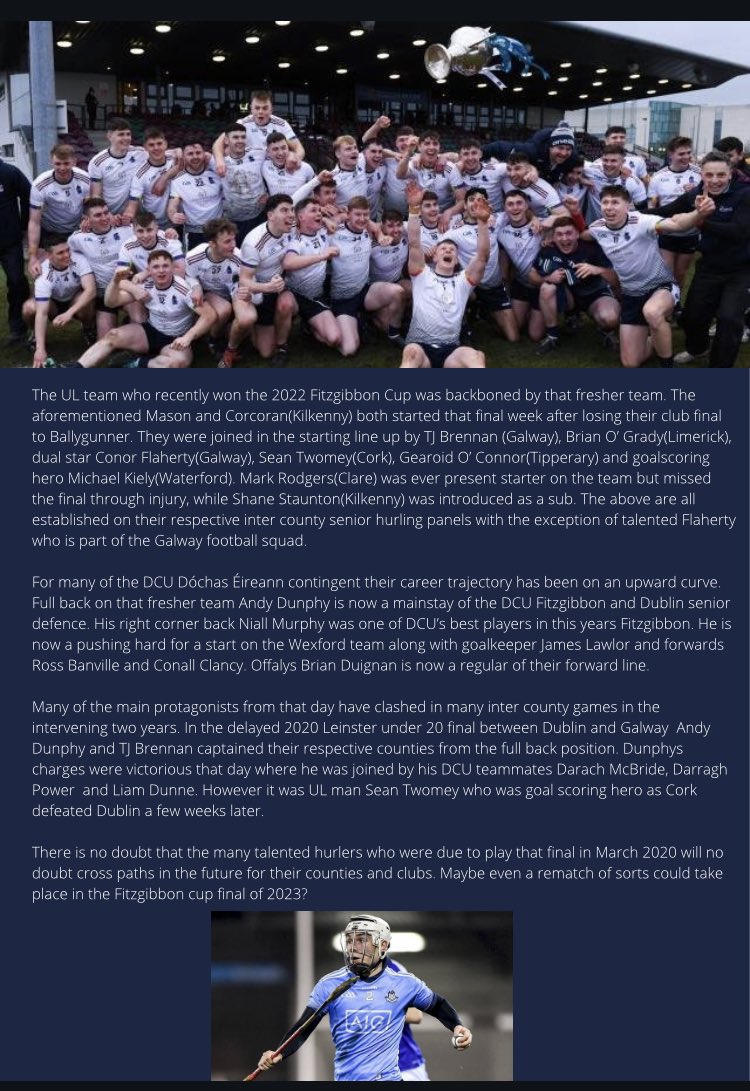 DCUDocEirGAA's tweet photo. .@DCUDocEirGAA and @ul_gaa lock horns tonight in Fresher Hurling final in Dangan @ 19:00. 

Spare a thought for the men who missed out on @HigherEdGAA All Ireland final as COVID struck down its first @officialgaa game on March 12th 2020, as they were travelling to Tullamore https://t.co/S1FXeaViAk