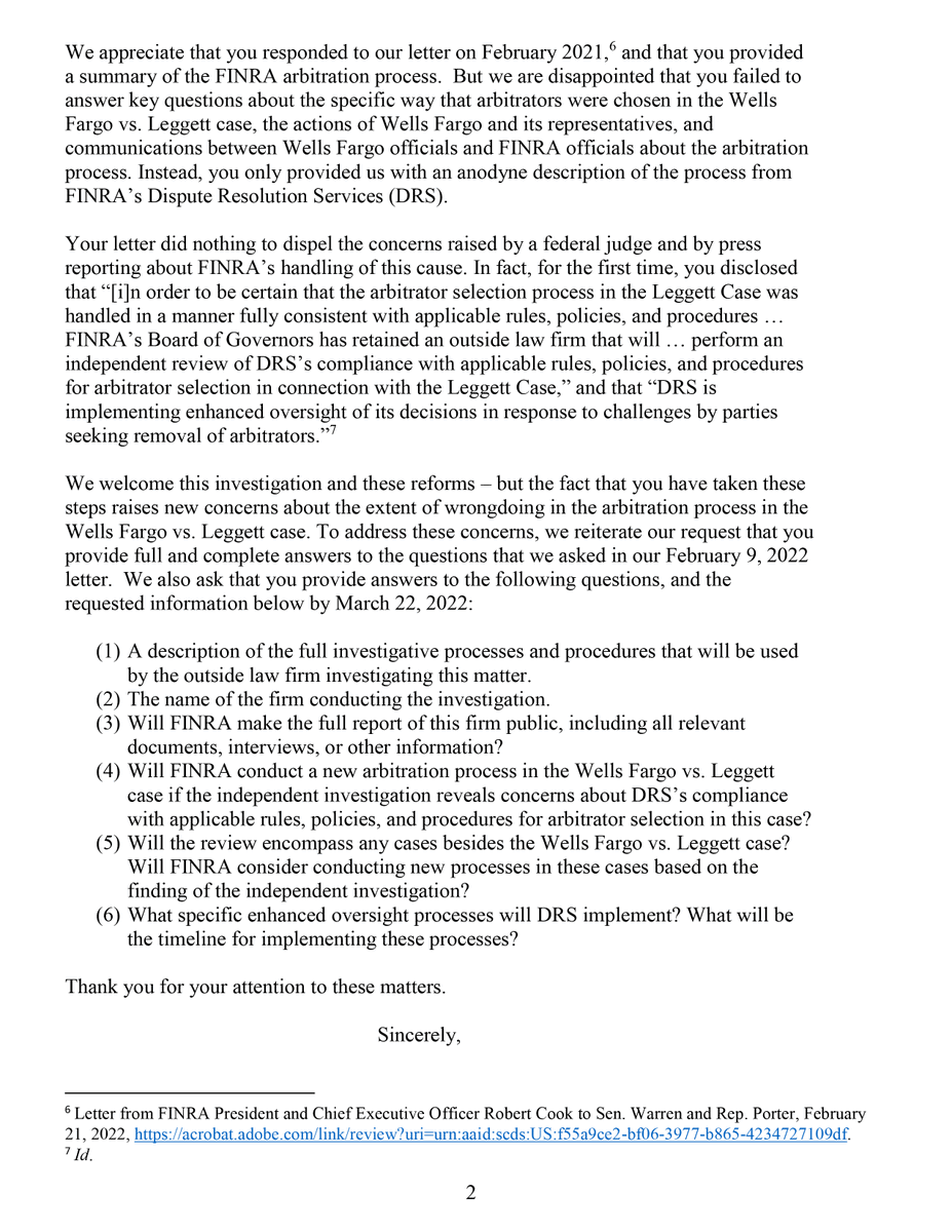 SenWarren's tweet photo. .@WellsFargo has been caught cheating consumers too many times and in this case, they were caught rigging the arbitration process to escape accountability for their actions—and @FINRA let them. 
 
@RepKatiePorter &amp; I want answers from @FINRA. https://t.co/oMZ2Q1IRH4