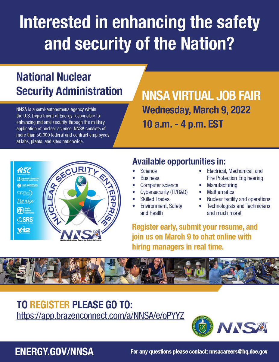 NNSANews's tweet photo. There's still time to #JoinOurTeam if you're looking for a challenging and fulfilling career. We look forward to welcoming the next wave of incredible talent at TODAY'S #NNSAJOBFAIR starting at 10AM EST. #NNSA #jobseekers #nowhiring #jobs #employment
https://t.co/pYpr02qySR https://t.co/HtRkGMGMFD