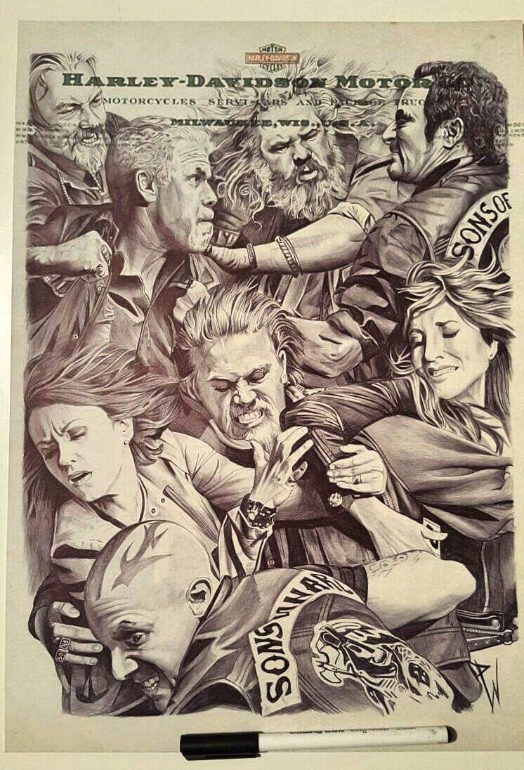 Danwilliamsarts's tweet photo. My ball point pen drawing of Sons of Anarchy on Harley Davidson paper @perlmutations @KateySagal @sutterink @KimFCoates @TommyFlanagan @Theorossi @markboonejunior #soafanart #sonsofanarchy #sonsofanarchyfanart https://t.co/Rtf9PW7aSI