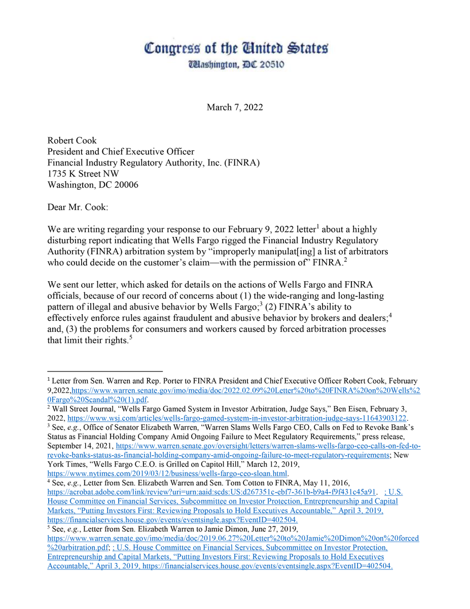 SenWarren's tweet photo. .@WellsFargo has been caught cheating consumers too many times and in this case, they were caught rigging the arbitration process to escape accountability for their actions—and @FINRA let them. 
 
@RepKatiePorter &amp; I want answers from @FINRA. https://t.co/oMZ2Q1IRH4