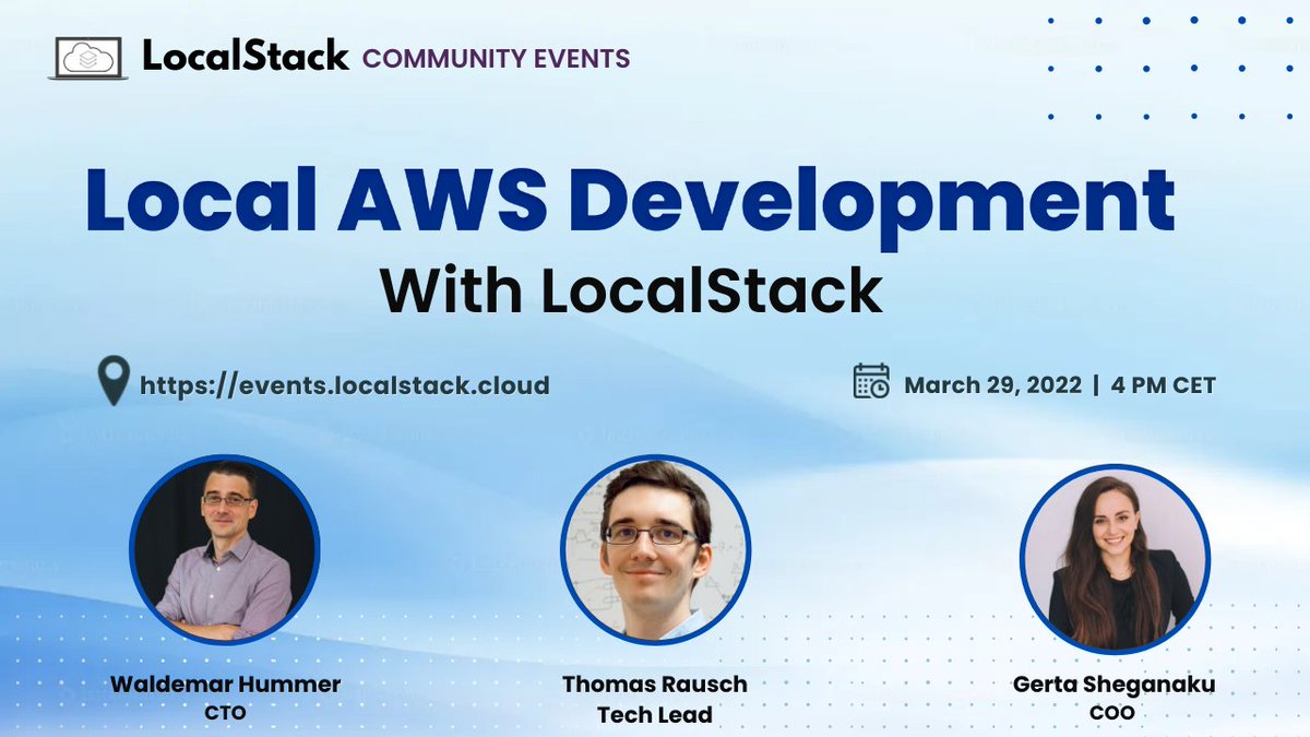 localstack's tweet photo. We are hosting our community event on March 29 on Local AWS development with LocalStack!

Join us to hear from @w_hummer, @thrauat &amp; @Sheg_Ge on building on AWS locally without creating &amp; managing cloud services 🚀

🔗 Set a reminder: https://t.co/UZgVmTx3TQ

#LocalStack #AWS https://t.co/95mRuCW06x