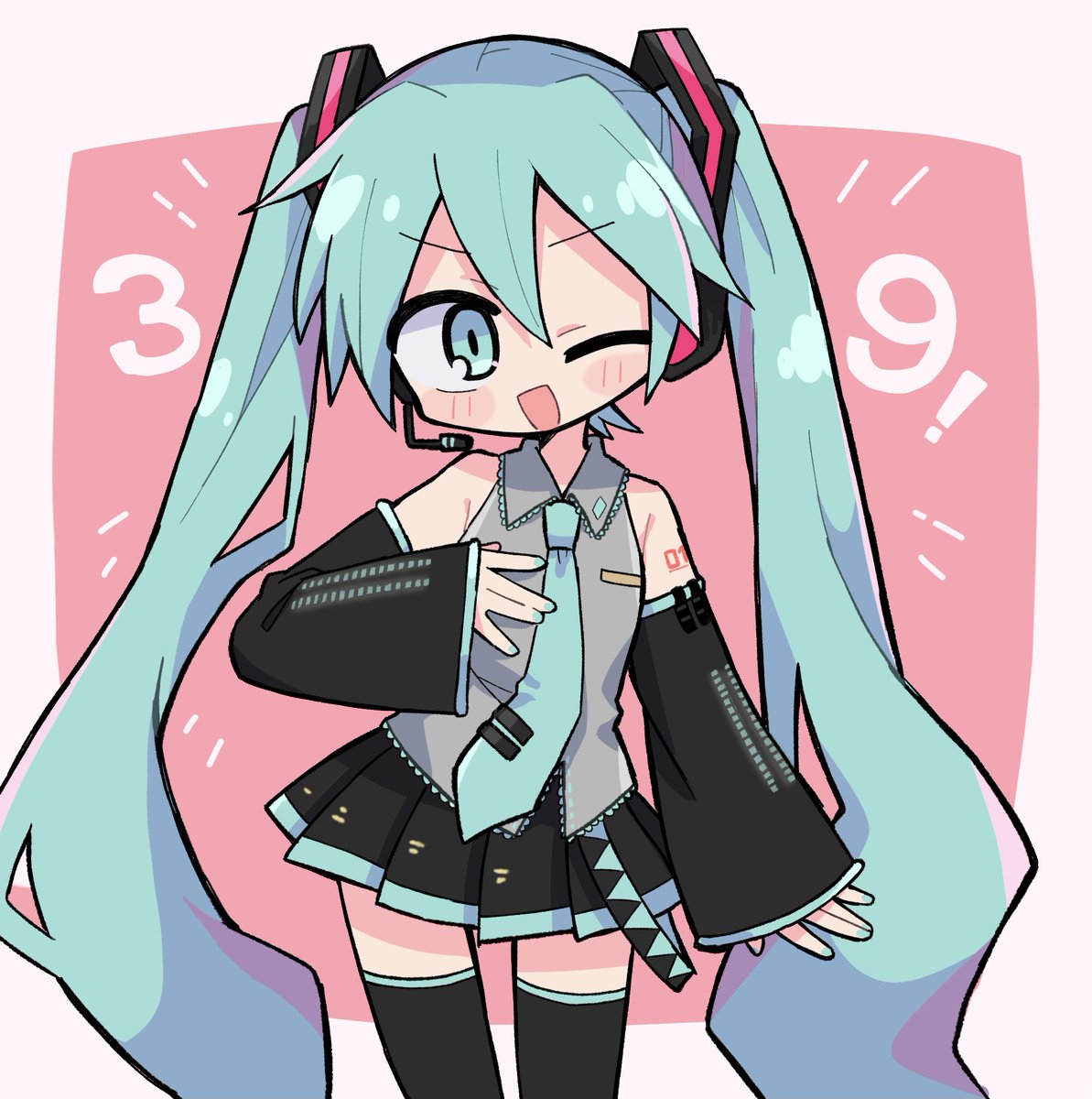 hatsune miku 1girl solo one eye closed twintails long hair skirt thighhighs  illustration images