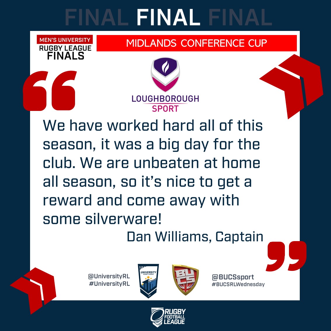 UniversityRL's tweet photo. 🏆 @LoughboroughRL captain Dan Williams reflects on his side winning the Midlands Conference Cup earlier on this afternoon! https://t.co/RGLSjczq55