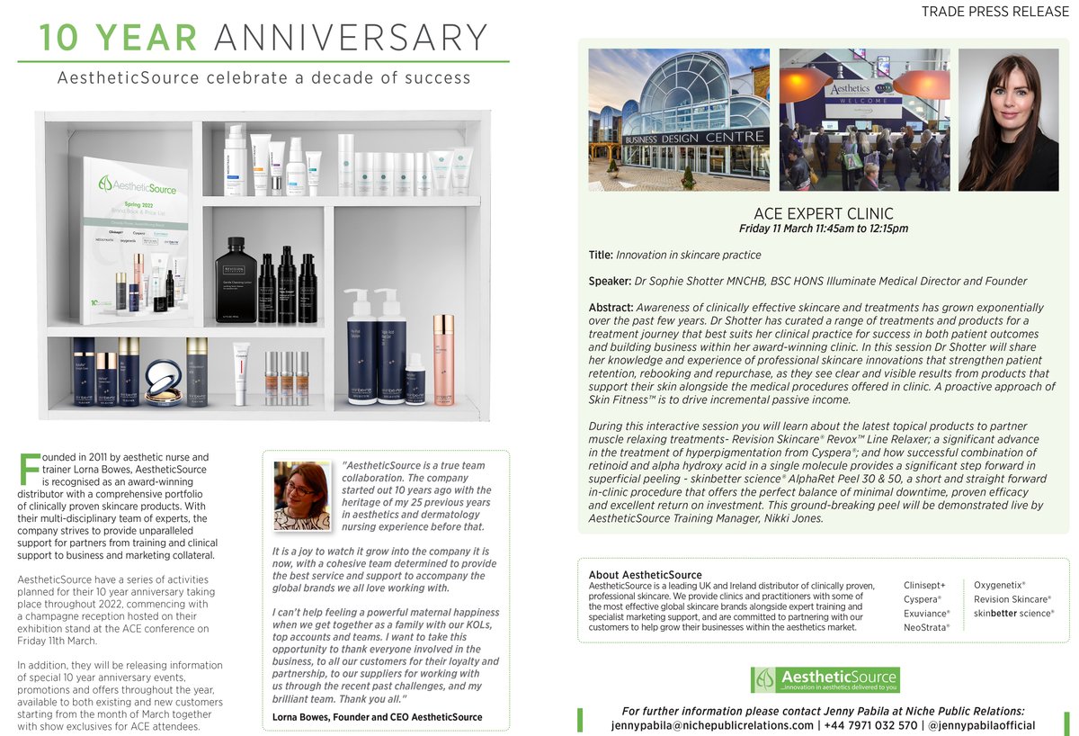 SUPPLIERS: <a href="/AestheticSource/">AestheticSource</a> celebrates 10 years of success.

Founded in 2011 by aesthetic nurse and trainer Lorna Bowes, AestheticSource is recognised as an award-winning distributor with a comprehensive portfolio of clinically proven skincare products.