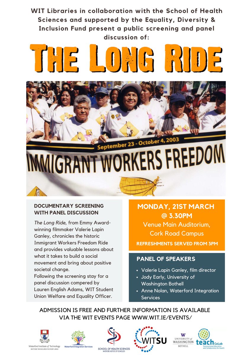 A public screening of The Long Ride documentary followed by a panel discussion takes place on Monday 21st March at 3.30pm in WIT. The Long Ride documents the historic 2003 Immigrant Workers Freedom Ride. Full details available from: wit.ie/events/all_new…