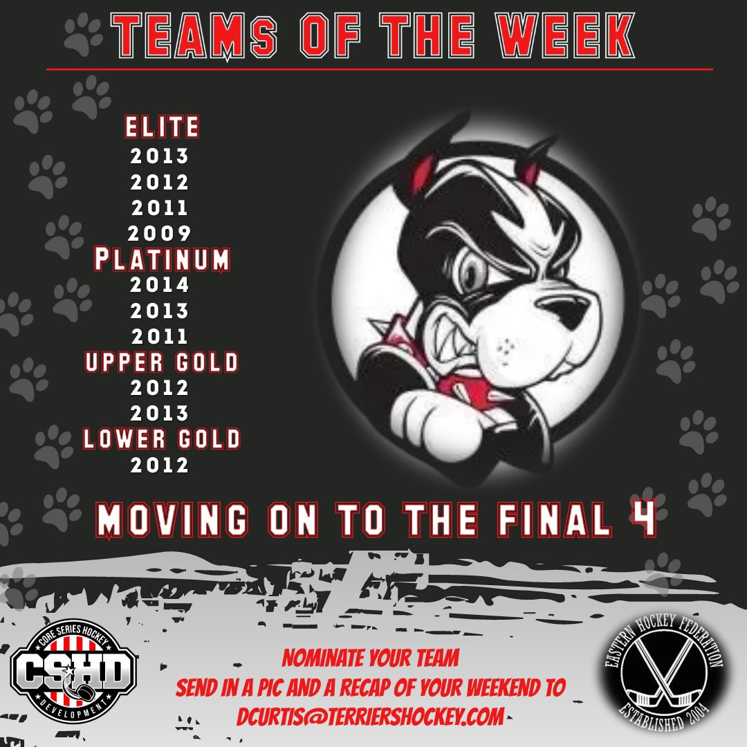 Jr_Terriers's tweet photo. CONGRATS and GOOD LUCK to all of our teams of the week, each team is moving forward to the final 4 in the @fedhockey playoffs this weekend!! Good luck to all teams! 

#ehf #teamoftheweek #fedhockey #HockeyTwitter #bostonjrterriers https://t.co/w2Gj6Gf2XC