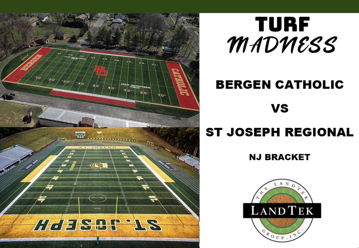 TheLandTekGroup's tweet photo. Bergen Catholic vs St. Joseph's Regional in the NJ Bracket. Vote for your favorite field to win. Comment your vote for 1 point. Share/retweet with your field for 5 extra votes. @SJRHighSchool @SJRFB @SJRAthletics1 @CoachMarangi @BergenCathFBall @BC_Crusaders @BergenCatholic https://t.co/0NevIJdSOf
