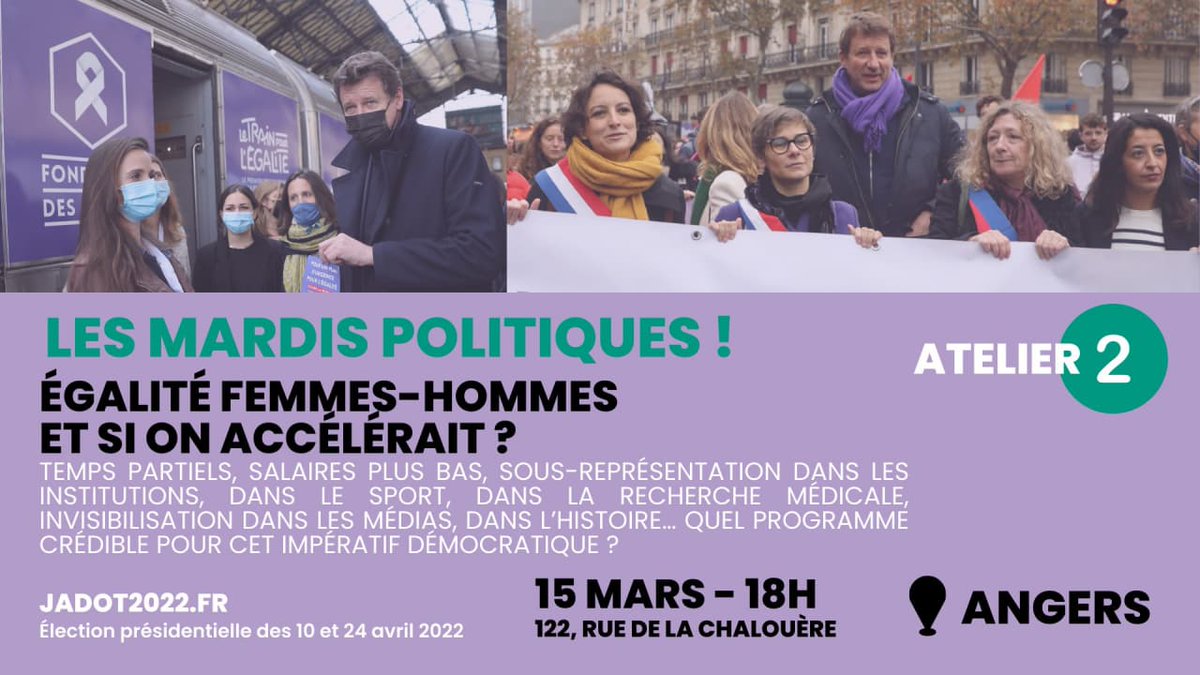 eelv49's tweet photo. 📣Cycle de débat pour la #Presidentielle2022 

👥ATELIER#2 - Mardi 15 mars à 18h 
👉#Égalité de genre : et si on avançait? 
👉au 122 rue de la Chalouère à Angers

Venez en discuter 🗣️!!! https://t.co/ffXuyC2uKI