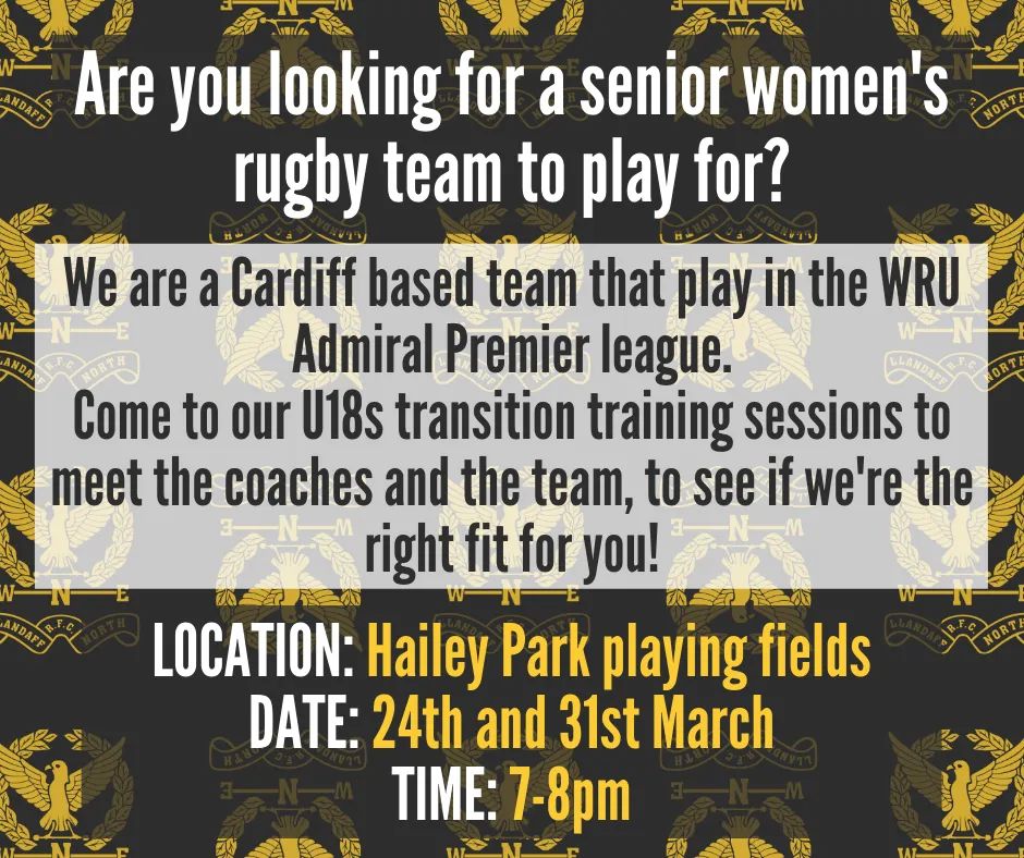 🚨 ATTENTION U18S GIRLS RUGBY PLAYERS 🚨

We are hosting two transition training sessions for U18s to see whether we are the team for them. 

Come along to meet the coaches and the team, and there's food for you after the session!  

🖤💛🖤
#wearellandaffnorthwomen #northfamily