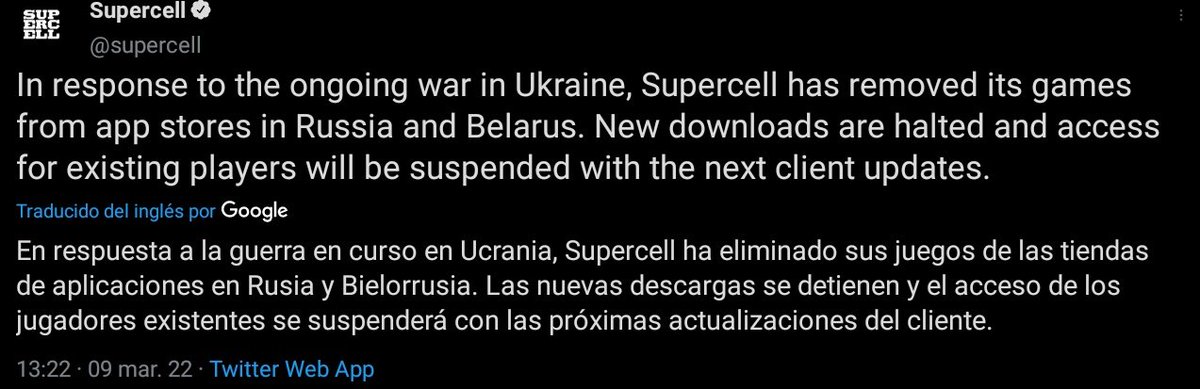 BrawlNewsMore's tweet photo. Supercell Ha Decidido Eliminar Sus Juegos de Las Plataformas de Apps de Rusia y Bielorrusia Debido a la Guerra de Ucrania.
Por Ahora, Nuevos Jugadores no Podrán Instalar sus Juegos y los Actuales Irán Perdiendo el Acceso Poco a Poco. https://t.co/1vxiT6J7va