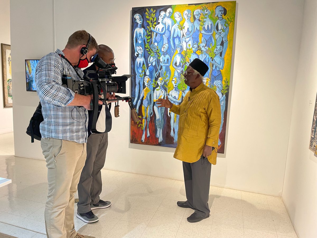 PSFA_SDSU's tweet photo. Bruce Onobrakpeya at SDSU exhibition of “Bruce Onobrakpeya Retrospectives of African Art.“ You can see Onobrakpeya's art in the University Galley at the 4th floor of the the School of Art + Design until March 17, 2022.
#PSFA #SDSUArt https://t.co/BEYbaIeFGp