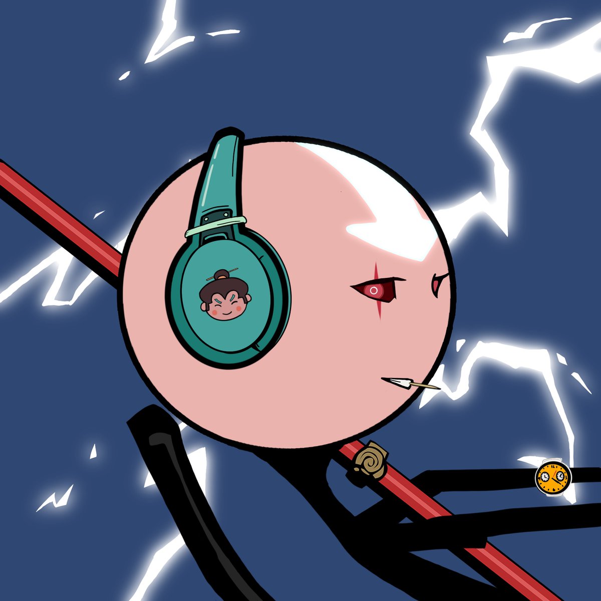 AskAdamKnows's tweet photo. Red scarred evil side-eyes. Red King's staff. Lightning on the horizon. The time is golden and his belly full. Meditating to the warrior's hymn on his headphones.  @azuki_mfers #azukimfers #azuki #mfers 🚀🎯#mfersunited #sartoshi #altru He is I &amp; I am Him... #FollowHim https://t.co/rQsu4vUrp5