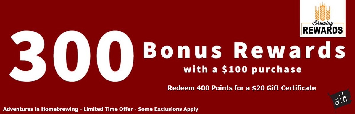 Earn 300 Bonus Reward Points on Orders Over $100!

5 Days Only. Ends Sunday.

bit.ly/AIHhomepage

#AIH #Homebrewing