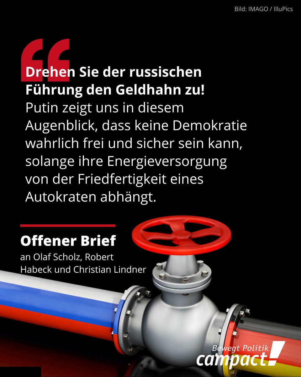 campact's tweet image. Es ist unerträglich, zu wissen, dass der #Ukrainekrieg durch den Import von Öl, Gas und Kohle finanziert wird, @Bundeskanzler und @c_lindner. ❌🙅‍♀️ Das muss jetzt ein Ende haben! Hier alle Forderungen des Offenen Briefs lesen: campact.de/importstopp